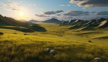 AI generated Majestic mountain peak, tranquil meadow, panoramic sunset, heaven on earth generated by AI photo