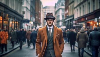AI generated Confident businessman walking in the city, looking fashionable and elegant generated by AI photo