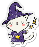 distressed sticker of a cartoon cat wizard png