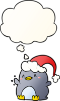 dibujos animados pingüino vistiendo Navidad sombrero con pensamiento burbuja en suave degradado estilo png