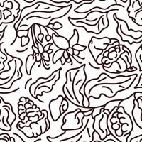 Cocoa seamless pattern. Vector nature tree, leaf, sweet bean, flower in bloom, organic fruit. Hand drawn illustration, food sketch on white background. Graphic art line print. Simple wallpaper