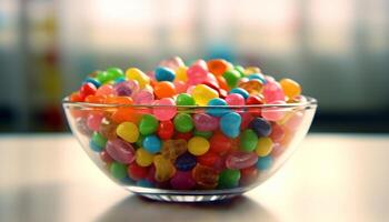 AI generated A vibrant bowl of colorful jellybeans, a sweet indulgence generated by AI photo