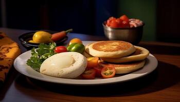 ai generado frescura en plato sano vegetariano gastrónomo comida, cocido hecho en casa generado por ai foto