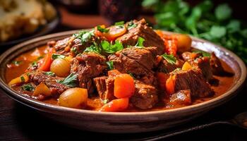 ai generado un gastrónomo carne de vaca guiso, cocido con Fresco vegetales y especias generado por ai foto