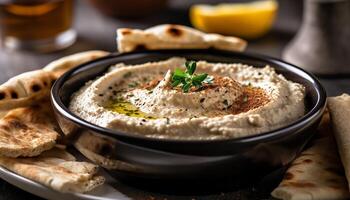 ai generado frescura y salud en un hecho en casa vegetariano hummus inmersión generado por ai foto