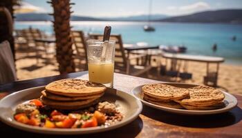 AI generated Fresh fruit stack on wooden table, perfect summer refreshment generated by AI photo