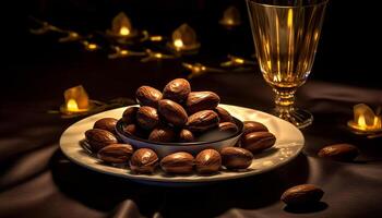 AI generated Fresh almond snack on wooden table, candlelight adds warmth generated by AI photo