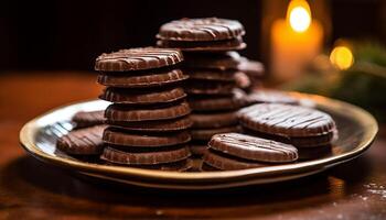 AI generated A stack of homemade dark chocolate cookies on a wooden table generated by AI photo