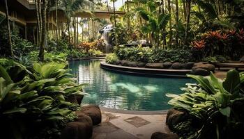 AI generated A tranquil scene of a tropical rainforest with a swimming pool generated by AI photo