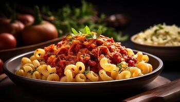 AI generated Fresh pasta meal on wooden table, healthy homemade vegetarian bolognese generated by AI photo