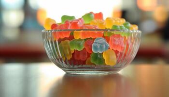 AI generated A vibrant bowl of colorful candy, a sweet childhood indulgence generated by AI photo