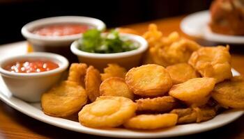 ai generado frescura y calor en un plato de profundo frito Mariscos generado por ai foto