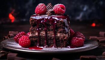 ai generado hecho en casa chocolate frambuesa postre en rústico de madera mesa generado por ai foto