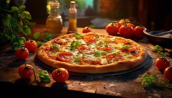 AI generated Freshness on table, homemade pizza, gourmet meal generated by AI photo