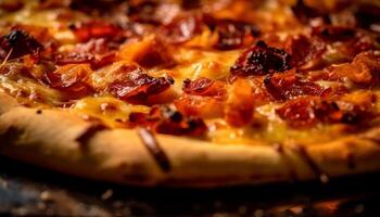AI generated Freshly baked pizza on rustic wooden table generated by AI photo