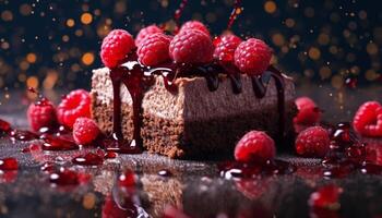 AI generated Indulgent gourmet dessert, chocolate raspberry cheesecake slice generated by AI photo