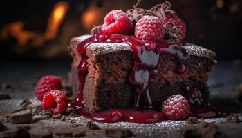 AI generated Homemade chocolate raspberry brownie, fresh and indulgent generated by AI photo