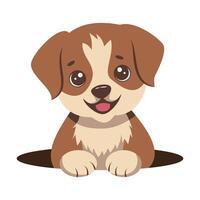 Illustration of a puppy popping out of a hole on a white and transparent background. Flat. vector