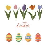 Cute Easter set. Spring collection of tulips and Easter eggs. vector