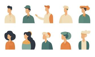Portraits of men and women in profile with hairstyles and hats. Flat style on a white background. vector