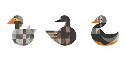 A set of abstract geometric ducks in a modern minimalist style. Muted gray palette. Decorative composition in bauhaus style. Creative vector flat illustration.