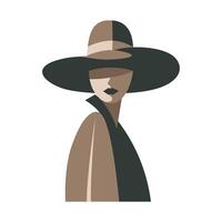 un elegante mujer en un sombrero sin un cara usa un capa con un cuello. vector