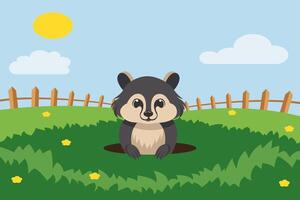 A badger comes out of a hole on a green lawn. Illustration in vector format.