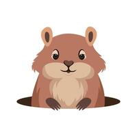 Illustration of a groundhog jumping out of a burrow on a white and transparent background. Flat. vector