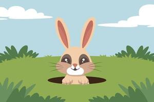 A bunny comes out of a hole on a green lawn. Illustration in vector format.