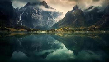 ai generado majestuoso montaña pico refleja en tranquilo agua generado por ai foto