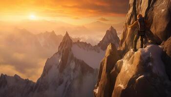 ai generado uno persona excursionismo arriba un majestuoso montaña pico generado por ai foto