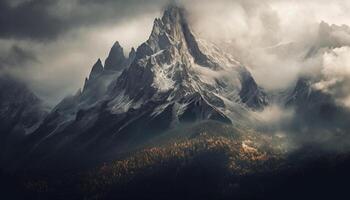 ai generado majestuoso montaña cima, nieve cubierto, panorámico paisaje generado por ai foto