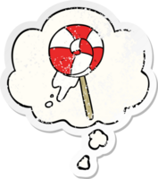 cartoon lollipop with thought bubble as a distressed worn sticker png