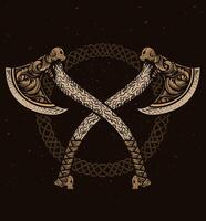 ilustración de dos vikingo hacha grabado estilo, emblema diseño, logo diseño, Clásico diseño. vector
