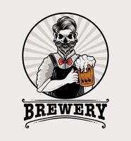 Illustration of Hipster skull bartender holding beer glass, beer logo, isolated design,vector illustration vector