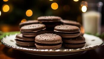 AI generated Indulgent homemade dessert chocolate cookie stack on wooden plate generated by AI photo