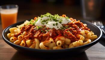 ai generado Fresco pasta comida en de madera mesa, cocido con boloñesa salsa generado por ai foto