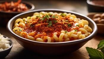 AI generated Healthy homemade vegetarian pasta bowl with fresh tomato and herbs generated by AI photo