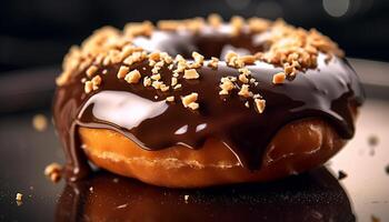 ai generado recién horneado chocolate donas, un dulce tentación en un plato generado por ai foto