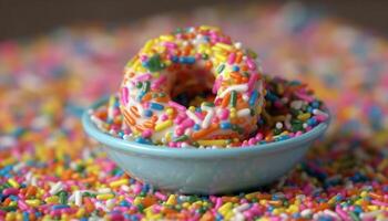 ai generado vibrante, vistoso rosquilla con chocolate Formación de hielo y fresa decoración generado por ai foto