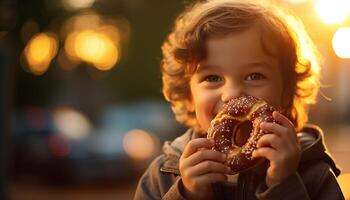 ai generado sonriente niño disfrutando dulce bocadillo, mirando a cámara al aire libre generado por ai foto