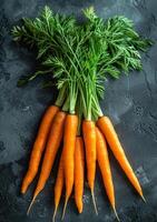 AI generated Fresh raw organic carrots on black background. photo