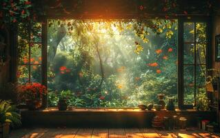 ai generado hermosa ver desde el ventana en el bosque. foto