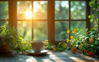 AI generated Hot coffee cup with spring flowers and herbs on the window photo