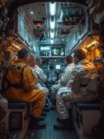 AI generated Astronauts are sitting in spaceship and looking at the screen photo