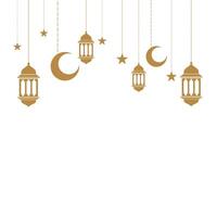 Arabic traditional Ramadan Kareem eastern lanterns garland. Muslim ornamental hanging lanterns, stars and moon vector illustration.