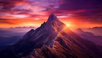 ai generado majestuoso montaña cima, puesta de sol cielo, tranquilo escena, naturaleza belleza generado por ai foto