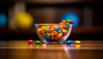 AI generated Multi colored candy on table, vibrant and sweet, a childhood delight generated by AI photo