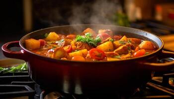 AI generated Healthy vegetarian stew cooked with fresh vegetables and spices generated by AI photo