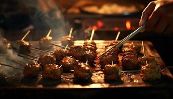 AI generated Grilled meat skewers on a barbecue, a delicious summer meal generated by AI photo